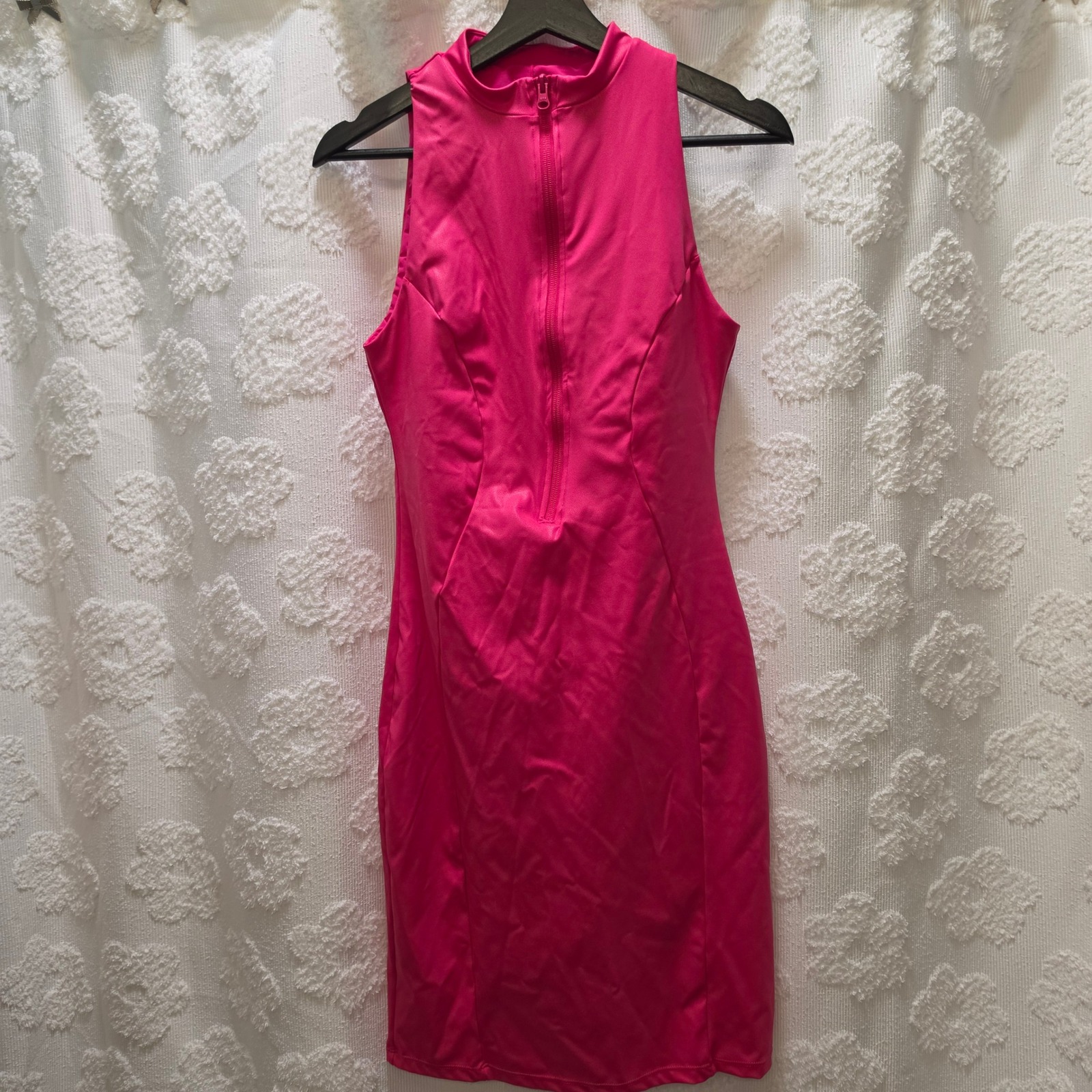 Popilush Hot Pink Faux Leather Built-In Shapewear Mock Neck Midi Dress Large